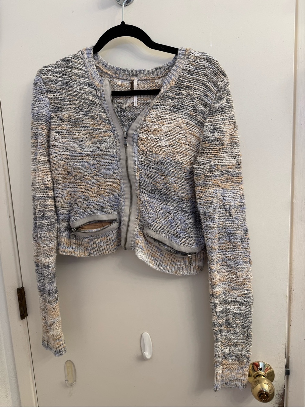 Free People Cropped Zip-Front Knit Cardigan in Gray, Cream & Light Blue